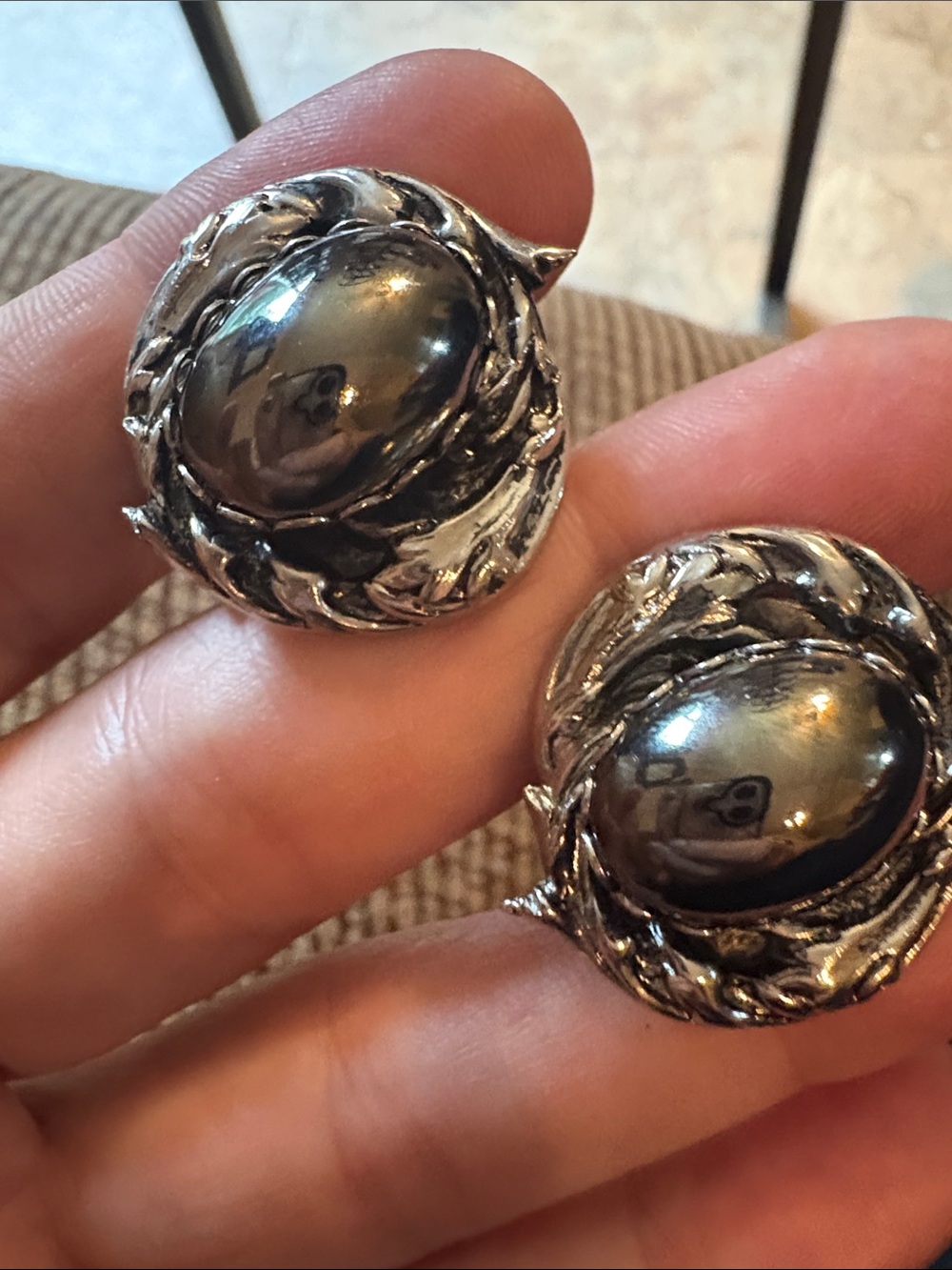 Vintage Silver-Tone Swirl Clip Earrings with Hematite Cabochon
